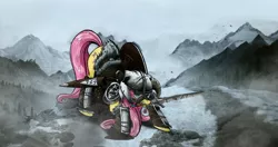 Size: 2167x1148 | Tagged: armor, artist:php60, badass, crossover, derpibooru import, dovahshy, flutterbadass, fluttershy, safe, skyrim, solo, sword, the elder scrolls, video game, weapon