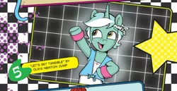 Size: 594x307 | Tagged: safe, artist:katiecandraw, derpibooru import, idw, lyra heartstrings, pony, unicorn, spoiler:comic12, 80s, background pony, bipedal, female, hairband, heartstrings, mare, olivia newton jump, olivia newton-john, physical, ptv, pun, solo, song reference, sweatband