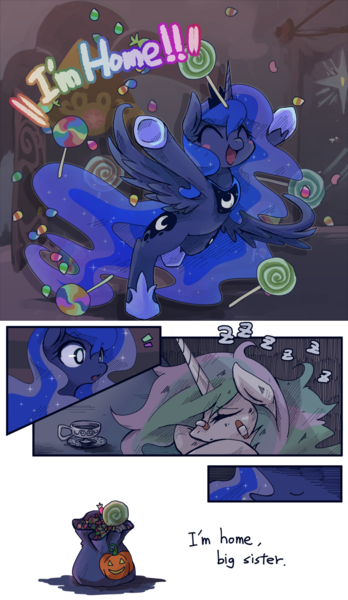 Size: 1000x1723 | Tagged: artist:kolshica, bandaid, candy, comic, derpibooru import, door, food, injured, lollipop, princess celestia, princess luna, safe, sleeping, trick or treat