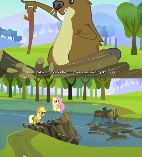 Size: 640x711 | Tagged: applejack, beaver, derpibooru import, fluttershy, keep calm and flutter on, meme, safe, screencap, youtube caption