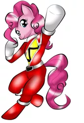 Size: 1085x1587 | Tagged: safe, derpibooru import, pinkie pie, earth pony, pony, clothes, costume, female, kyoryured, nightmare night, power rangers, power rangers dino charge, red ranger, solo, super sentai, zyuden sentai kyoryuger