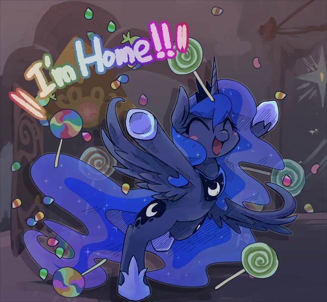 Size: 1000x921 | Tagged: artist:kolshica, candy, derpibooru import, dialogue, door, eyes closed, food, lollipop, nightmare night, princess luna, safe, solo