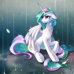 Size: 1500x1500 | Tagged: safe, artist:katiramoon, derpibooru import, princess celestia, alicorn, pony, crying, female, mare, missing accessory, rain, sad, solo, wet mane