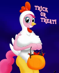 Size: 1988x2465 | Tagged: animal costume, anthro, artist:gunpowdergreentea, big breasts, bomb, breasts, busty pinkie pie, chicken pie, chicken pies, chicken suit, clothes, costume, derpibooru import, dynamite, explosion imminent, explosives, female, nightmare night, pinkie pie, pumpkin, safe, solo