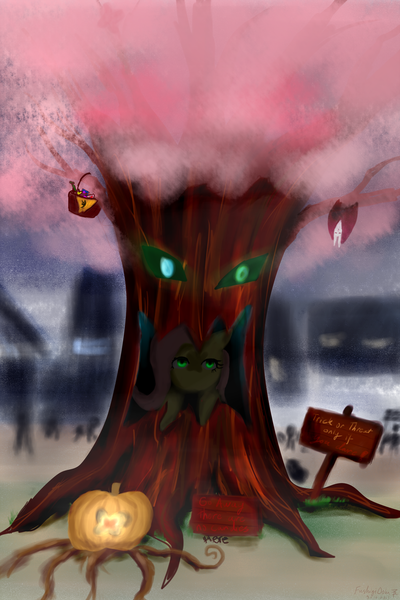 Size: 1024x1536 | Tagged: artist:fushigiooka, creepy, derpibooru import, fluttershy, fluttertree, semi-grimdark, tree costume