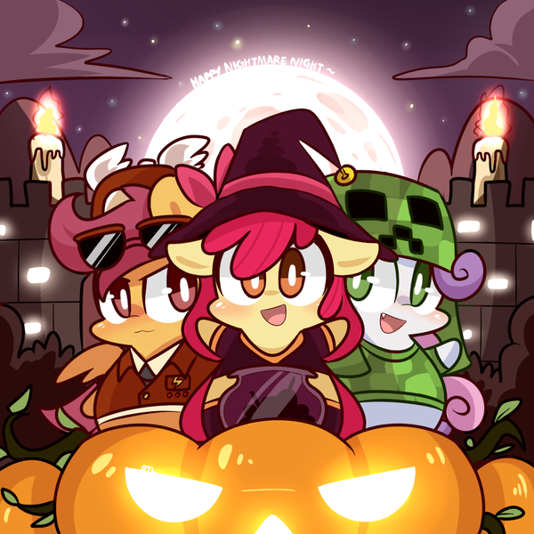 Size: 1000x1000 | Tagged: apple bloom, artist:lifeloser, chibi, creeper, cutie mark crusaders, derpibooru import, minecraft, safe, scootaloo, sweetie belle, witch