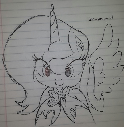 Size: 500x511 | Tagged: artist:zev, butterfly, derpibooru import, filly, grayscale, lined paper, monochrome, paper, photo, princess luna, safe, sketch, solo, traditional art, woona