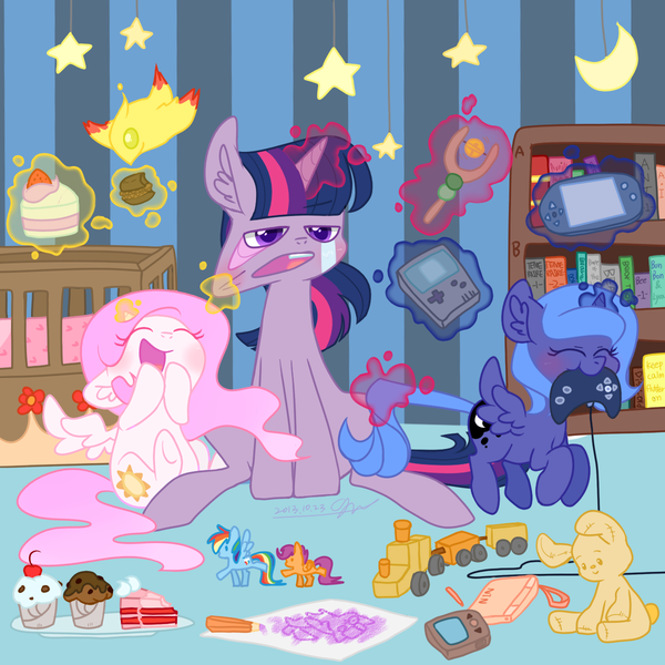 Size: 1200x1200 | Tagged: safe, artist:ggongnyang, derpibooru import, philomena, princess celestia, princess luna, rainbow dash, scootaloo, twilight sparkle, gamer luna, age regression, babysitting, cake, cakelestia, cewestia, crib, cupcake, cute, doll, filly, foalsitter, game boy, gamer woona, image, magic, nintendo ds, nursery, png, tail, tail pull, twilight is not amused, unamused, woona, younger