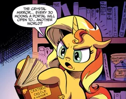 Size: 597x470 | Tagged: safe, artist:andypriceart, derpibooru import, idw, sunset shimmer, pony, unicorn, spoiler:comic, spoiler:comicannual2013, book, library, solo