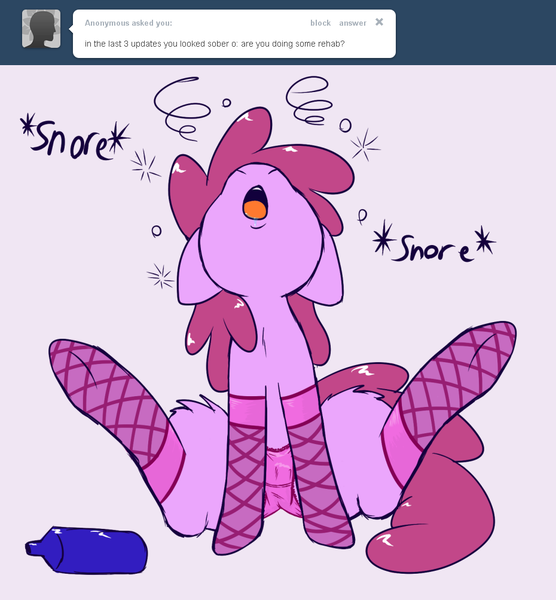 Size: 930x1004 | Tagged: questionable, artist:skoon, derpibooru import, berry punch, berryshine, earth pony, pony, ask berry punch, ask, clothes, drool, female, mare, open mouth, panties, sleeping, snoring, solo, solo female, stockings, underwear