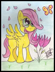 Size: 477x620 | Tagged: artist:rdk, butterfly, childhood, derpibooru import, filly, fluttershy, foal, safe, solo, traditional art