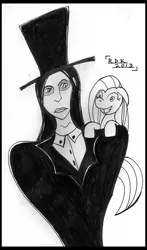 Size: 423x720 | Tagged: artist:rdk, celebrity, confused, crossover, derpibooru import, fan, insanity, marilyn manson, monochrome, pinkamena diane pie, pinkie pie, safe, traditional art