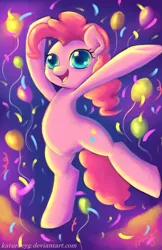 Size: 1024x1583 | Tagged: safe, artist:katurkeyg, derpibooru import, pinkie pie, pony, balloon, bipedal, colored pupils, confetti, cute, diapinkes, open mouth, solo