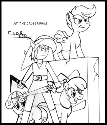 Size: 615x720 | Tagged: apple bloom, artist:rdk, crossover, cutie mark crusaders, derpibooru import, filly, foal, link, monochrome, nintendo, safe, scootaloo, sweetie belle, the legend of zelda, video game