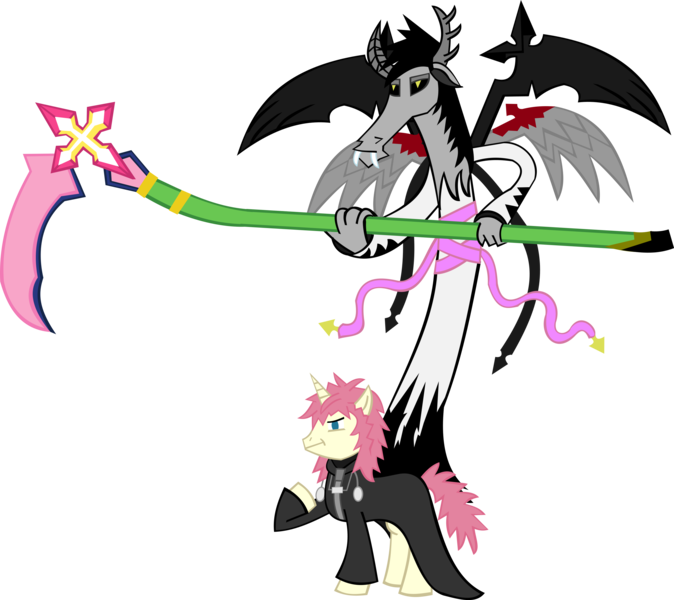 Size: 2971x2644 | Tagged: safe, artist:jewelsfriend, derpibooru import, oc, oc:strife, ponified, draconequus, clothes, crossover, draconequified, draconequus oc, kingdom hearts, marluxia, multiple wings, scythe, simple background, transparent background