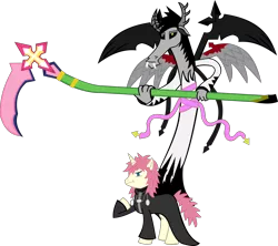 Size: 2971x2644 | Tagged: safe, artist:jewelsfriend, derpibooru import, oc, oc:strife, ponified, draconequus, clothes, crossover, draconequified, draconequus oc, kingdom hearts, marluxia, multiple wings, scythe, simple background, transparent background