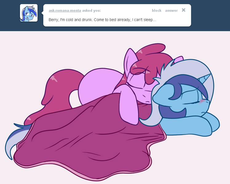 Size: 840x674 | Tagged: artist:skoon, ask, ask berry punch, berrygate, berry punch, berryshine, blanket, derpibooru import, female, lesbian, minuette, safe, shipping, sleeping