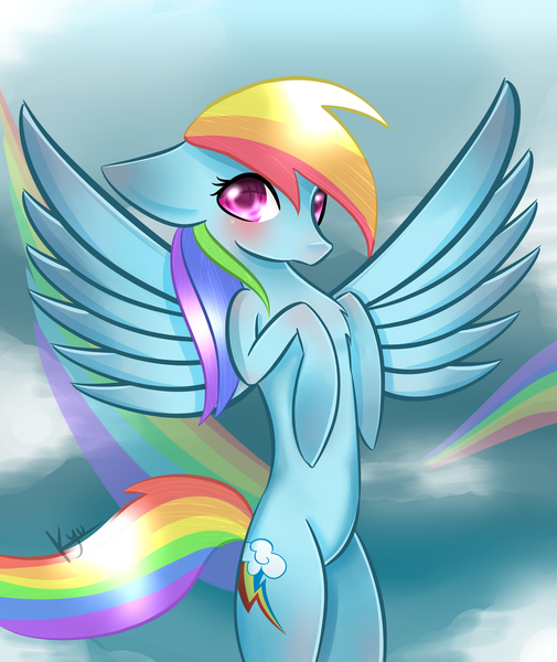 Size: 3937x4677 | Tagged: safe, artist:kyuniko, derpibooru import, rainbow dash, pegasus, pony, cloud, female, flying, mare, rainbow trail, signature, sky, solo