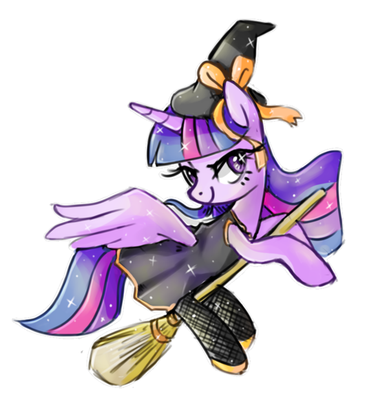 Size: 800x900 | Tagged: safe, artist:kaji-tanii, derpibooru import, twilight sparkle, twilight sparkle (alicorn), alicorn, pony, broom, clothes, female, flying, flying broomstick, hat, lidded eyes, looking back, mare, simple background, smiling, solo, spread wings, stockings, transparent background, witch, witch hat