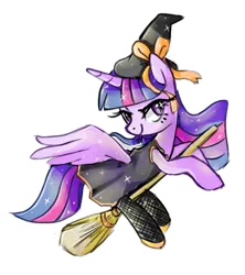 Size: 800x900 | Tagged: safe, artist:kaji-tanii, derpibooru import, twilight sparkle, twilight sparkle (alicorn), alicorn, pony, broom, clothes, female, flying, flying broomstick, hat, lidded eyes, looking back, mare, simple background, smiling, solo, spread wings, stockings, transparent background, witch, witch hat