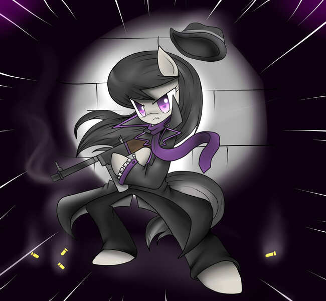 Size: 5200x4800 | Tagged: safe, artist:cyanaeolin, derpibooru import, octavia melody, pony, semi-anthro, absurd resolution, bipedal, clothes, coat, gun, mafia, mafia octavia, pants, scarf, solo, tommy gun