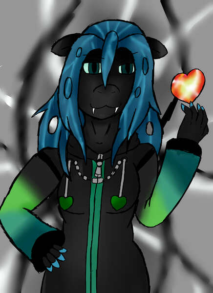 Size: 1700x2338 | Tagged: safe, artist:trinity-comettrail, derpibooru import, queen chrysalis, anthro, clothes, crossover, kingdom hearts, solo, xemnas