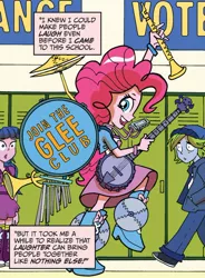 Size: 522x711 | Tagged: safe, derpibooru import, idw, pinkie pie, equestria girls, spoiler:comic, spoiler:comicannual2013, banjo, bass drum, chimes, clarinet, cymbals, harmonica, musical instrument, one-man band, trumpet