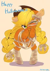 Size: 2893x4092 | Tagged: safe, artist:aruurara, derpibooru import, applejack, pony, bandage, bipedal, clothes, costume, cute, entangled, high res, jackabetes, looking at you, mummy, one eye closed, open mouth, pixiv, solo, wink