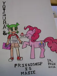 Size: 500x661 | Tagged: anime, artist:drpain, crossover, cupcake, derpibooru import, friendship, koiwai yotsuba, manga, pinkie pie, safe, yotsuba