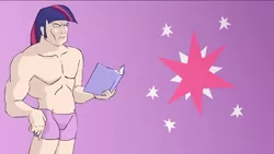 Size: 1280x721 | Tagged: artist:kanashiipanda, book, buff, clothes, cutie mark, derpibooru import, friendship is manly, human, humanized, male, manly, muscles, rule 63, solo, solo male, suggestive, twilight muscle, twilight sparkle, underwear