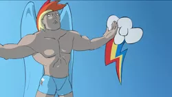 Size: 1280x721 | Tagged: artist:kanashiipanda, buff, clothes, cutie mark, derpibooru import, friendship is manly, human, humanized, male, manly, muscles, rainbow dash, rainbuff dash, rule 63, solo, solo male, suggestive, underwear, wings