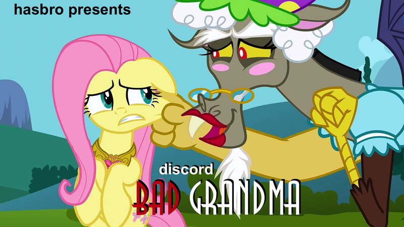 Size: 1280x720 | Tagged: bad grandpa, derpibooru import, discord, fluttershy, granny discord, image macro, jackass, keep calm and flutter on, movie poster, parody, safe