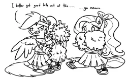 Size: 1000x627 | Tagged: alternate hairstyle, angry, artist:king-kakapo, black and white, bow, cheerleader, clothes, derpibooru import, dialogue, ear fluff, embarrassed, flailing, fluffy, fluttershy, grayscale, gritted teeth, headband, lineart, lip bite, monochrome, pom pom, ponytail, rainbow dash, safe, scared, shoes, sitting, spread wings