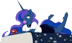 Size: 9205x5561 | Tagged: 3ds, absurd resolution, anthro, artist:joey darkmeat, artist:refro82, barefoot, bed, bubblegum, derpibooru import, feet, gamer luna, plantigrade anthro, princess luna, safe, soles, solo, toes