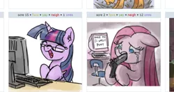 Size: 622x328 | Tagged: artist:king-kakapo, computer, crossing the line twice, crying, cyberbully, derpibooru import, exploitable meme, floppy ears, gun, juxtaposition, juxtaposition win, laughing, meme, pinkie pie, sad, semi-grimdark, suicide, twilight sparkle, we are going to hell