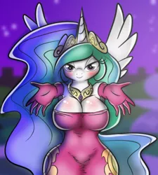 Size: 720x800 | Tagged: anthro, armpits, artist:ep-777, artist:zev, breasts, busty princess celestia, cleavage, clothes, colored, curvy, derpibooru import, edit, evening gloves, female, hourglass figure, hug request, incoming hug, looking at you, princess celestia, solo, suggestive