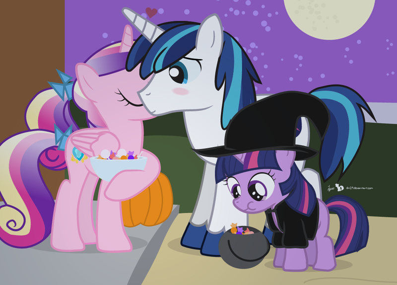 Size: 1040x748 | Tagged: artist:dm29, candy, clothes, costume, derpibooru import, female, filly, kissing, male, nightmare night, princess cadance, safe, shining armor, shiningcadance, shipping, straight, trick or treat, trio, twilight sparkle, witch