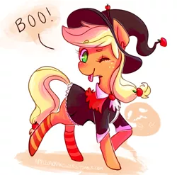 Size: 969x957 | Tagged: safe, artist:tokiball12345, derpibooru import, applejack, clothes, costume, hat, socks, solo, striped socks, tongue out, wink, witch