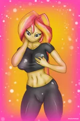 Size: 1521x2306 | Tagged: suggestive, artist:sixpathsoffriendship, derpibooru import, sunset shimmer, equestria girls, belly button, breasts, busty sunset shimmer, clothes, female, latex, midriff, short shirt, solo, solo female, tight clothing, yoga