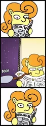 Size: 471x1300 | Tagged: safe, artist:muffinexplosion, derpibooru import, carrot top, derpy hooves, golden harvest, pegasus, pony, boop, exploitable meme, female, mare, meme, newspaper, newspaper meme, offscreen character, poking