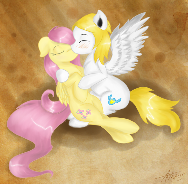 Size: 600x588 | Tagged: safe, artist:astralispl, derpibooru import, fluttershy, oc, canon x oc, commission, no mouth, shipping