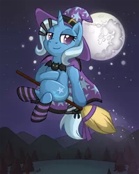 Size: 800x1000 | Tagged: safe, artist:oemilythepenguino, derpibooru import, trixie, pony, unicorn, broom, clothes, crossed legs, female, flying, flying broomstick, full moon, lidded eyes, looking back, mare, mare in the moon, moon, night, night sky, sitting, smiling, socks, solo, sparkles, stars, striped socks, tree, witch