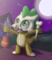 Size: 1560x1800 | Tagged: safe, artist:evil-dec0y, derpibooru import, spike, cubone, dragon, baby, baby dragon, bag, bone, clothes, costume, crossover, cute, fangs, green eyes, house, looking up, male, moon, night, nightmare night, pokémon, smiling, solo, spikabetes, zipper