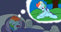 Size: 1508x793 | Tagged: artist:haxorus31, bed, derpibooru import, dream, exercise, featureless crotch, rainbow dash, safe, sleeping, snoring