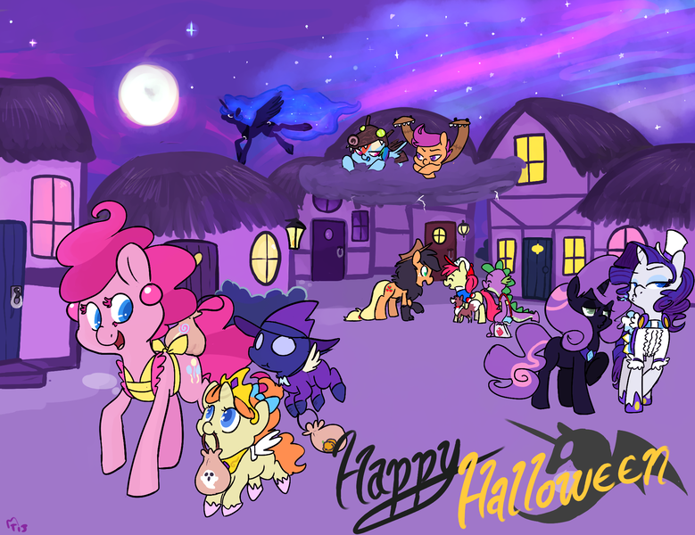 Size: 2000x1540 | Tagged: safe, artist:mt, derpibooru import, apple bloom, applejack, cup cake, mare do well, pinkie pie, pound cake, princess celestia, princess luna, pumpkin cake, rainbow dash, rarity, sapphire shores, scootaloo, spike, twilight sparkle, hydra, timber wolf, clothes, costume, everypony, mane six, misty brightdawn, multiple heads, nightmare night, pokémon