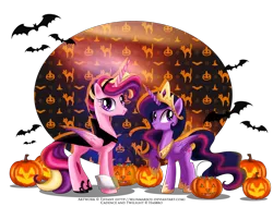 Size: 2500x1900 | Tagged: safe, artist:tiffanymarsou, derpibooru import, princess cadance, twilight sparkle, twilight sparkle (alicorn), alicorn, pony, vampire, clothes, costume, female, halloween, holiday, jack-o-lantern, mare, nightmare night, pumpkin