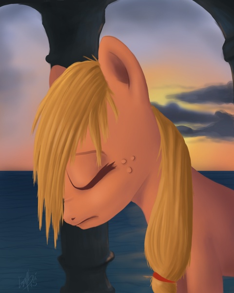 Size: 1600x2000 | Tagged: applejack, artist:genbulein, derpibooru import, eyes closed, ocean, sad, safe, solo, water