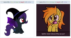 Size: 527x280 | Tagged: safe, derpibooru import, spitfire, oc, oc:nyx, alicorn, pony, derpibooru, alicorn oc, exploitable meme, juxtaposition, juxtaposition win, meme, meta