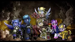 Size: 1280x720 | Tagged: safe, artist:saturnspace, derpibooru import, amethyst star, derpy hooves, dinky hooves, doctor whooves, princess luna, star hunter, time turner, pegasus, pony, american mcgee's alice, clothes, coraline, costume, female, jack harkness, jack skellington, k-9, mare, peanuts, snoopy, steampunk, woodstock (peanuts)