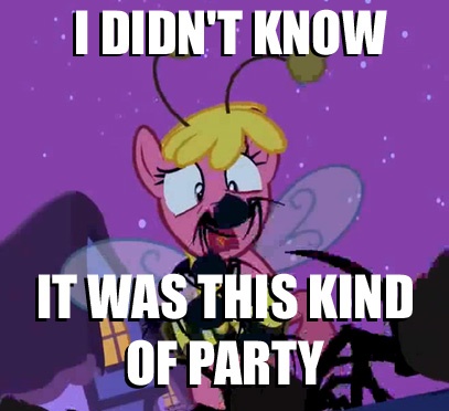 Size: 407x372 | Tagged: bee costume, cherry berry, clothes, costume, cropped, derpibooru import, edit, edited screencap, halloween, image macro, luna eclipsed, meme, nightmare night, nightmare night costume, questionable, screencap, solo, spider